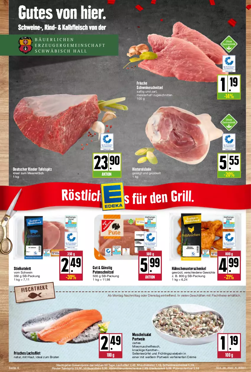 Aktueller Prospekt Kupsch - Angebote der Woche - von 19.09 bis 24.09.2022 - strona 4 - produkty: braten, eis, elle, filet, fisch, fischtheke, fleisch, gewürz, grill, henkel, ideal zum braten, Kalbfleisch, karotten, kotelett, lachs, lachsfilet, meerrettich, Meister, natur, Portwein, pute, putenschnitzel, reis, Rettich, rind, rinder, saft, salat, schenkel, schnitten, schnitzel, schwein, schweine, schweineschnitzel, tafelspitz, Ti, wein, weine, würfel, ZTE, zwiebel, zwiebeln