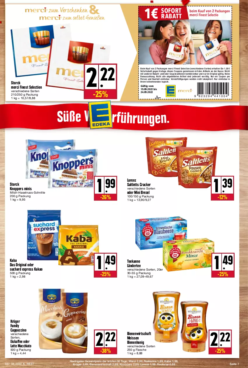 Aktueller Prospekt Kupsch - Angebote der Woche - von 19.09 bis 24.09.2022 - strona 7 - produkty: ACC, brezel, Cap, cappuccino, chia, cin, coupon, coupons, cracker, eis, eiskaffee, erde, flasche, gin, haselnuss, honig, kaffee, kakao, knoppers, krüger, Ländertee, latte, latte macchiato, lorenz, mac, macchiato, merci, milch, nuss, reis, Rockstar, saltletts, sofortrabatt, storck, tee, teekanne, Ti, ZTE