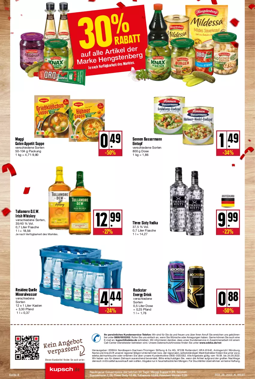 Aktueller Prospekt Kupsch - Angebote der Woche - von 19.09 bis 24.09.2022 - strona 8 - produkty: Alwa, angebot, angebote, Astra, deka, drink, eintopf, eis, elle, energy drink, ente, flasche, irish whiskey, maggi, mineralwasser, Rauch, reis, ring, Rockstar, sac, suppe, telefon, Three Sixty, Ti, topf, tullamore, vodka, wasser, whiskey, ZTE