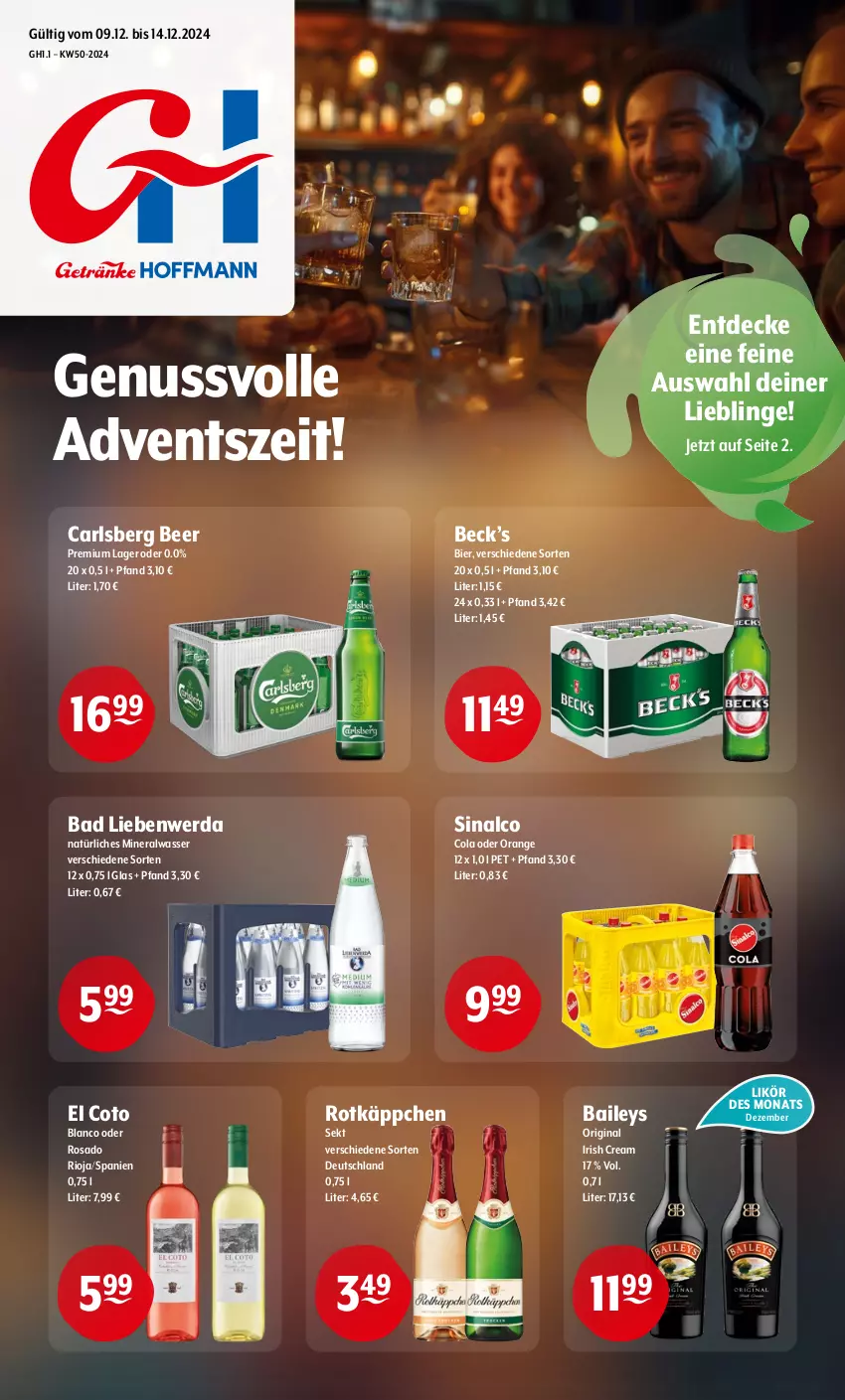 Aktueller Prospekt Getraenke Hoffmann - Prospekte - von 09.12 bis 14.12.2024 - strona 1 - produkty: Alwa, Bad, Bad Liebenwerda, baileys, bier, carlsberg, carlsberg beer, cola, decke, gin, irish cream, likör, mineralwasser, natürliches mineralwasser, nuss, orange, rioja, rotkäppchen, sekt, sinalco, Ti, wasser