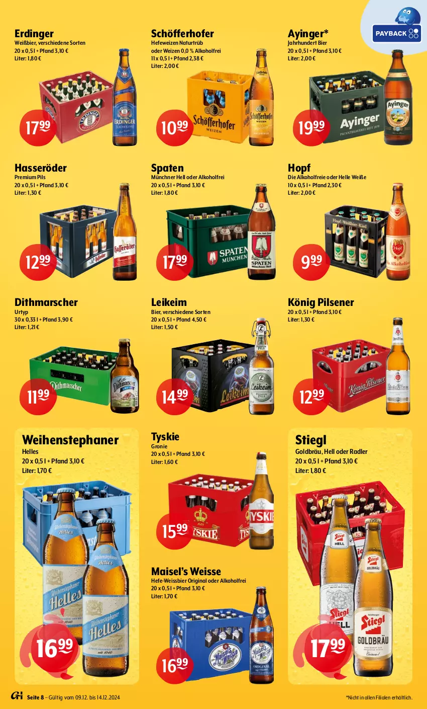 Aktueller Prospekt Getraenke Hoffmann - Prospekte - von 09.12 bis 14.12.2024 - strona 8 - produkty: alkohol, bier, eis, elle, erdinger, gin, hasseröder, Hefe, hefeweizen, könig pilsener, mais, mars, natur, oder radler, pils, pilsener, premium pils, radler, schöfferhofer, Spaten, Stiegl, Ti, tyskie, urtyp, weihenstephan, weissbier