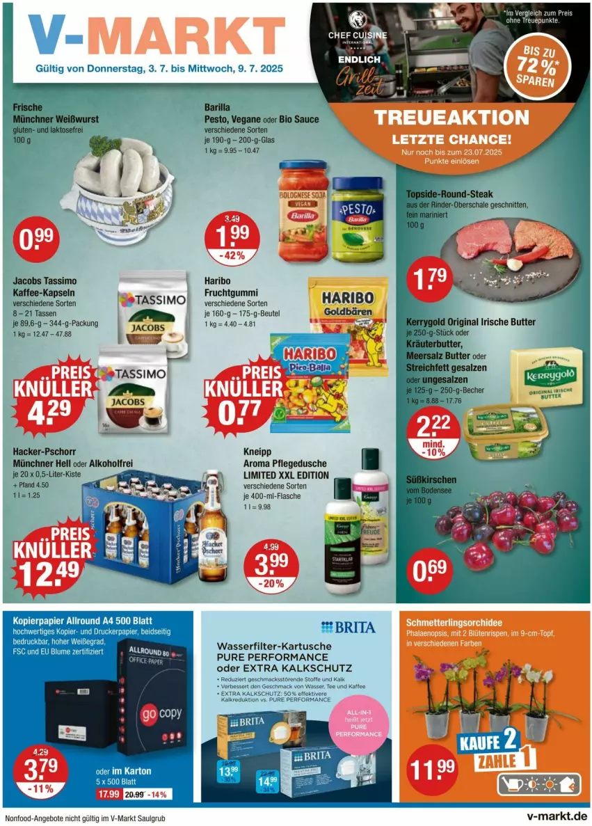 Aktueller Prospekt Vmarkt - Prospekte - von 03.07 bis 09.07.2025 - strona 1 - produkty: angebot, angebote, beutel, brita, dusche, flasche, frucht, fruchtgummi, goldbären, haribo, jacobs, kaffee, kneipp, kopierpapier, LG, mac, papier, pflegedusche, sim, tasse, tassimo, tee, Ti, wasser, wasserfilter