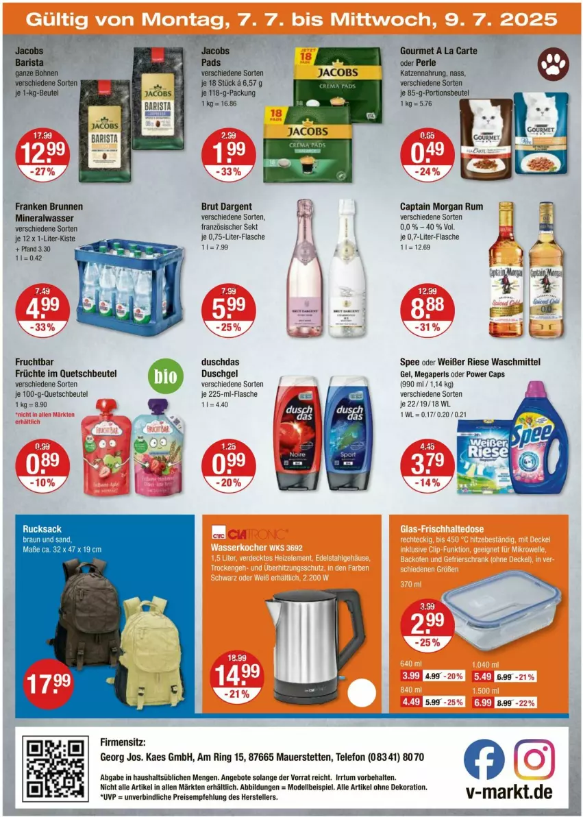 Aktueller Prospekt Vmarkt - Prospekte - von 03.07 bis 09.07.2025 - strona 20 - produkty: alle artikel ohne dekoration, Alwa, angebot, angebote, auer, beutel, bohne, bohnen, braun, brunnen, brut, brut dargent, Cap, captain morgan, dekoration, dell, duschdas, duschgel, eis, flasche, franken brunnen, frucht, früchte, kaes, katzennahrung, megaperls, mineralwasser, Mode, portionsbeutel, quetschbeutel, ring, rucksack, rum, sac, sekt, spee, telefon, Ti, waschmittel, wasser