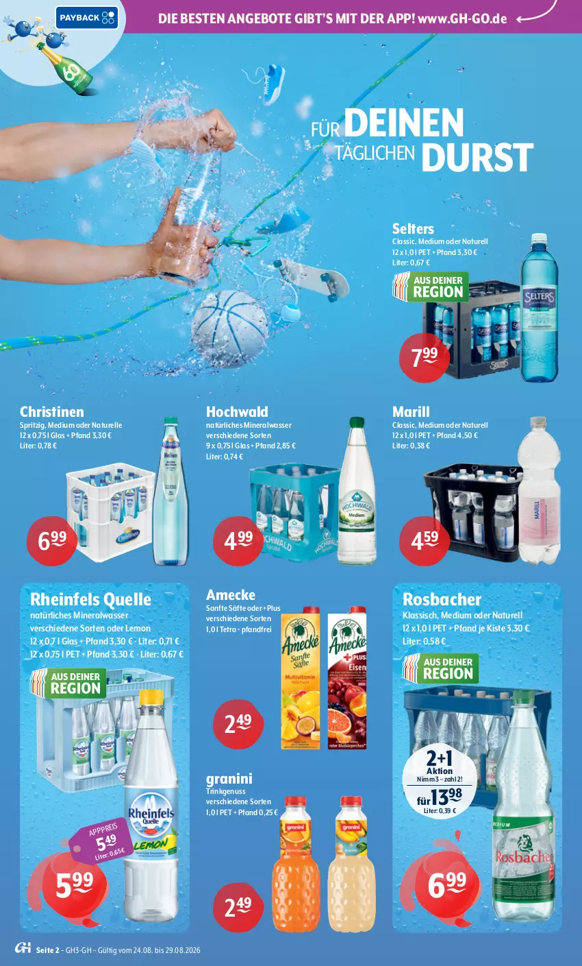 Aktueller Prospekt Getraenke Hoffmann - Prospekte - von 24.08 bis 29.08.2026 - strona 2 - produkty: Alwa, amecke, angebot, angebote, eis, elle, granini, hochwald, mineralwasser, natur, natürliches mineralwasser, nuss, rel, rheinfels quelle, säfte, Selters, Ti, wasser