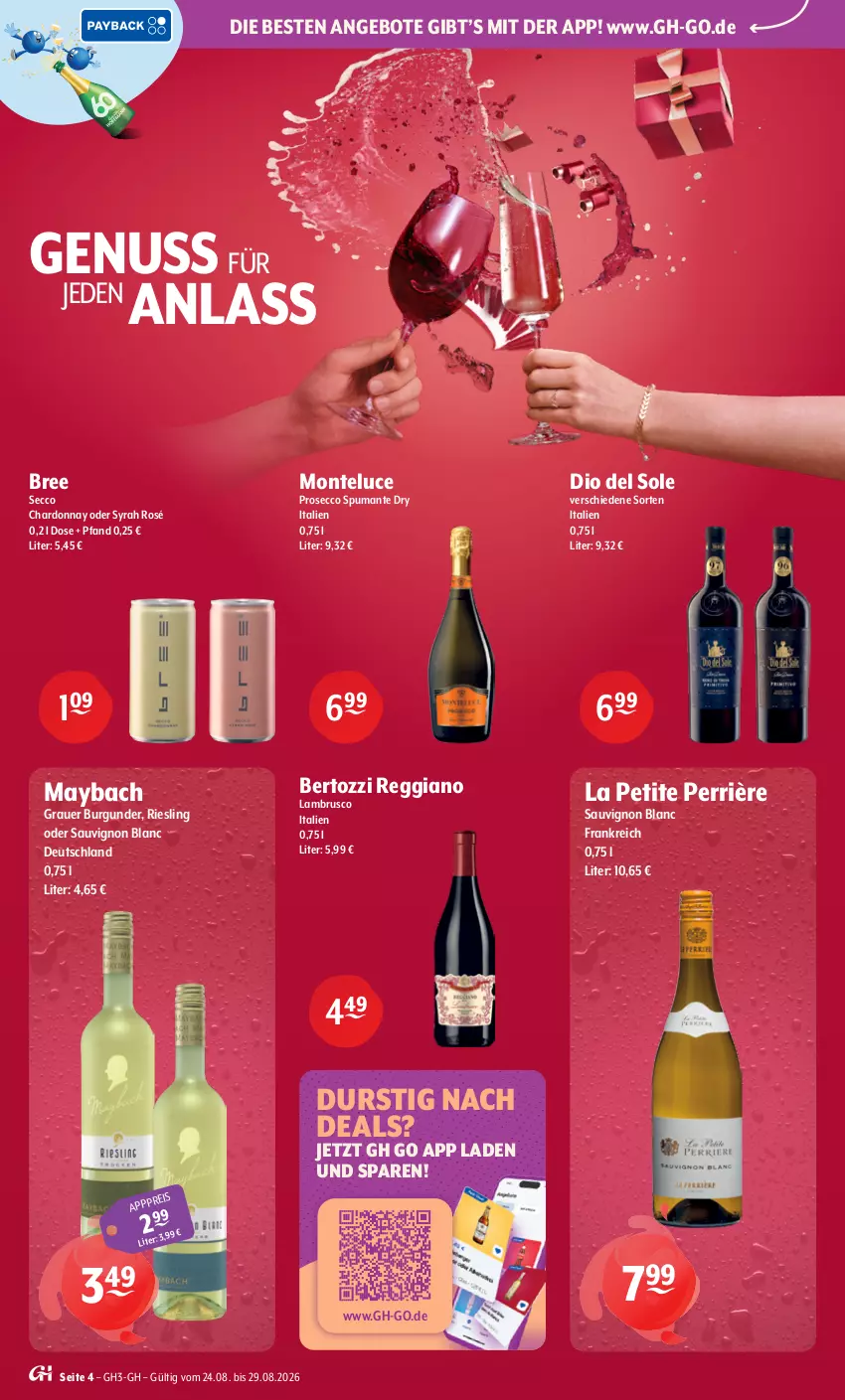Aktueller Prospekt Getraenke Hoffmann - Prospekte - von 24.08 bis 29.08.2026 - strona 4 - produkty: angebot, angebote, auer, bree, burgunder, chardonnay, ecco, eis, grauer burgunder, Lambrusco, maybach, monte, nuss, prosecco, puma, reggiano, riesling, sauvignon, sauvignon blanc, spumante, Ti