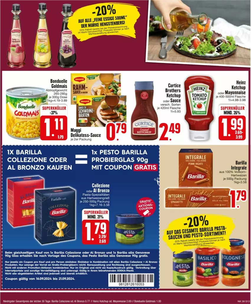 Aktueller Prospekt Edeka - Prospekte - von 16.09 bis 21.09.2024 - strona 13 - produkty: barilla, bier, bonduelle, bonduelle goldmais, brot, brother, coupon, coupons, eis, elle, flasche, genovese, Goldmais, hartweizen, heinz, ketchup, mais, mayonnaise, pasta, pesto, reis, sauce, Spezi, Ti, Yo, ZTE