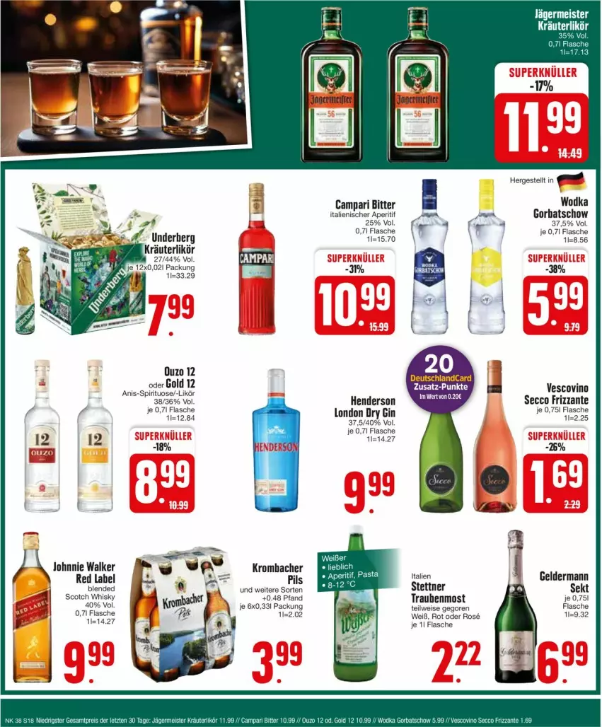 Aktueller Prospekt Edeka - Prospekte - von 16.09 bis 21.09.2024 - strona 18 - produkty: aperitif, campari, deutschlandcard, dry gin, ecco, eis, enders, flasche, frizzante, gin, Gorbatschow, johnnie walker, krombache, krombacher, krombacher pils, likör, london dry, london dry gin, ouzo, ouzo 12, pils, scotch, Ti, trauben, vescovino, wodka