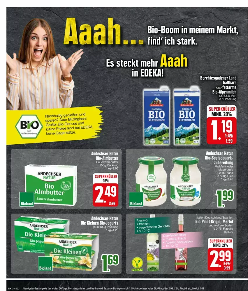 Aktueller Prospekt Edeka - Prospekte - von 16.09 bis 21.09.2024 - strona 22 - produkty: alpenmilch, andechser natur, bio, butter, eis, jogurt, leine, merl, merlot, milch, natur, Pinot, pinot grigio, reis, riesling, Ti, Vegeta, ZTE