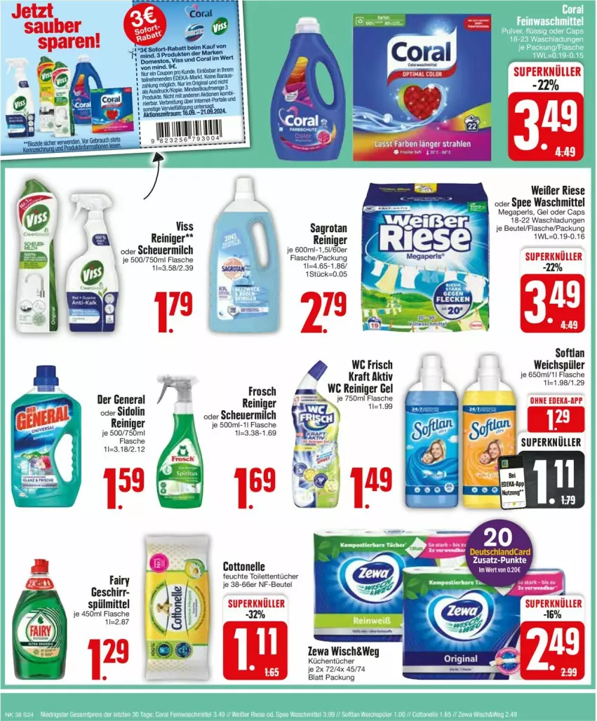 Aktueller Prospekt Edeka - Prospekte - von 16.09 bis 21.09.2024 - strona 24 - produkty: beutel, Cap, cottonelle, elle, fisch, fische, flasche, Frosch, geschirr, Heu, kraft, küche, Küchen, küchentücher, megaperls, milch, reiniger, reiniger gel, sagrotan, Softlan, Speck, spee, spülmittel, Ti, toilettentücher, tücher, waschmittel, weichspüler