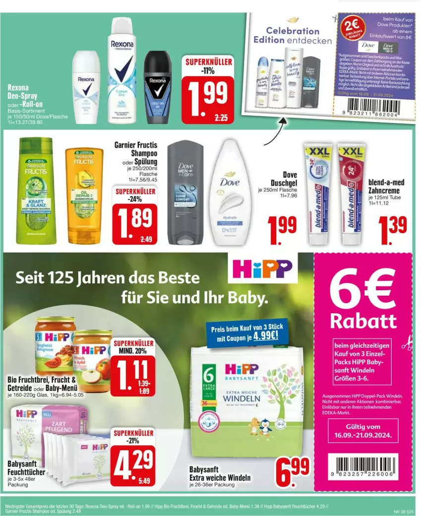 Aktueller Prospekt Edeka - Prospekte - von 16.09 bis 21.09.2024 - strona 25 - produkty: bio, blend-a-med, Brei, creme, decke, dove, duschgel, eis, ente, flasche, frucht, fructis, garnier, hipp, LG, reis, shampoo, shampoo oder spülung, spülung, Ti, windeln, zahncreme