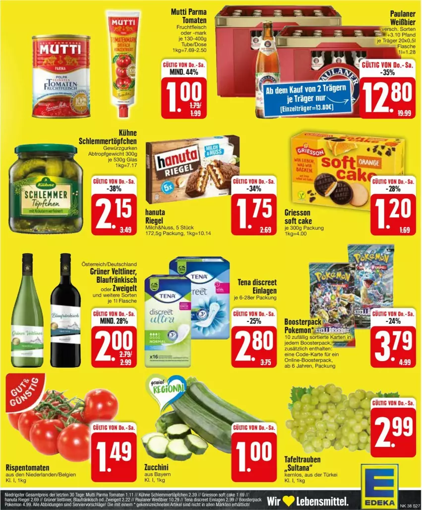 Aktueller Prospekt Edeka - Prospekte - von 16.09 bis 21.09.2024 - strona 27 - produkty: Discreet, eis, flasche, fleisch, frucht, fruchtfleisch, gewürz, Gewürzgurke, gewürzgurken, griesson, grüner veltliner, gurke, gurken, hanuta, Kühne, LG, milch, Mutti, nuss, riegel, rispentomaten, schlemmertöpfchen, Ti, tomate, tomaten, Töpfchen, zucchini, Zweigelt