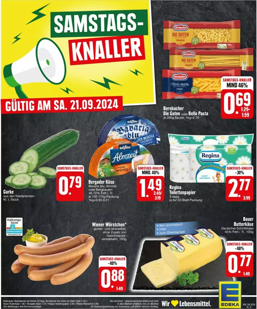 Aktueller Prospekt Edeka - Prospekte - von 16.09 bis 21.09.2024 - strona 28 - produkty: auer, Bau, Bauer, bavaria blu, bergader, bernbacher, beutel, butter, butterkäse, deutscher schnittkäse, eis, gin, gurke, Käse, Kette, mac, papier, pasta, reis, Ria, schnittkäse, tee, toilettenpapier, wiener, wiener würstchen, würstchen, ZTE