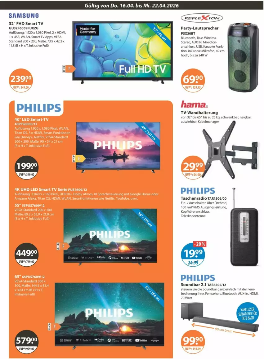 Aktueller Prospekt Vmarkt - Prospekte - von 16.04 bis 22.04.2026 - strona 19 - produkty: eis, fernseher, HDMI, kopfhörer, lautsprecher, Philips, Radio, rel, Schal, smart tv, soundbar, Tasche, taschen, Teleskop, Ti, usb, wandhalterung