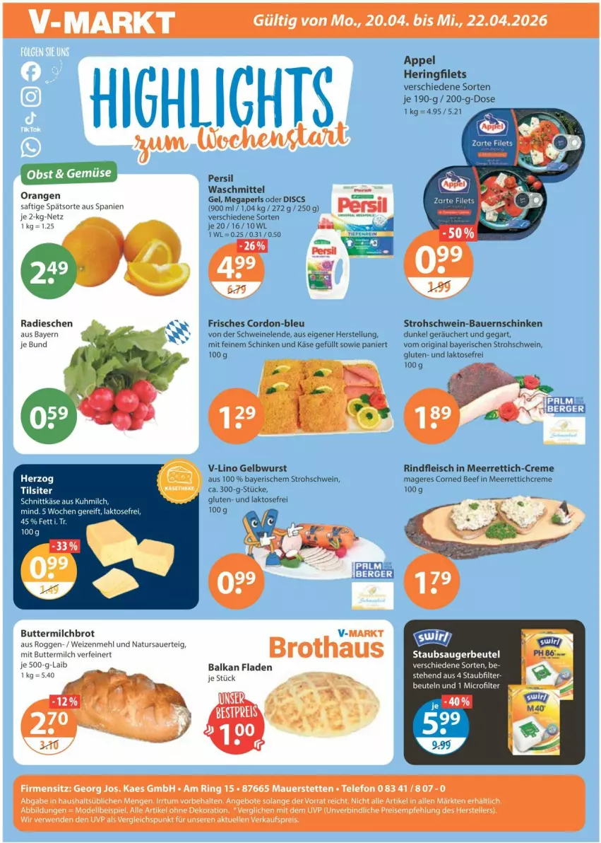 Aktueller Prospekt Vmarkt - Prospekte - von 16.04 bis 22.04.2026 - strona 25 - produkty: alle artikel ohne dekoration, angebot, angebote, auer, Bau, Bauer, Bauernschinken, beef, Berger, beutel, brot, butter, buttermilch, corned beef, creme, dekoration, dell, eis, elle, filet, filets, fleisch, gin, hering, kaes, Käse, meerrettich, megaperls, mehl, milch, Mode, natur, orange, orangen, persil, persil waschmittel, radieschen, reis, Rettich, rind, rindfleisch, ring, rwe, saft, schinken, schnittkäse, schwein, schweine, staubsauger, staubsaugerbeutel, telefon, teller, Ti, waschmittel, wein, weine, weizenmehl, wurst