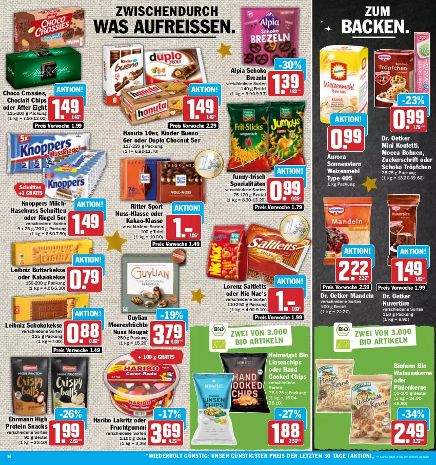 Aktueller Prospekt Hit - Prospekte - von 05.12 bis 10.12.2022 - strona 10 - produkty: after eight, alpia, beutel, bio, bohne, bohnen, brezel, Brezeln, butter, butterkeks, chips, choclait chips, choco crossies, crossies, Dr. Oetker, duplo, ehrmann, eis, frucht, früchte, fruchtgummi, funny-frisch, hanuta, haribo, haselnuss, kakao, keks, kekse, Kinder, kinder bueno, knoppers, Lakritz, leibniz, linsen, lorenz, mandel, mandeln, meeresfrüchte, mehl, milch, nuss, pinienkerne, reis, reiss, riegel, ritter, ritter sport, saltletts, schnitten, schoko, snack, snacks, Spezi, Sport, Ti, type 405, walnuss, walnusskerne, weizenmehl, ZTE, zucker