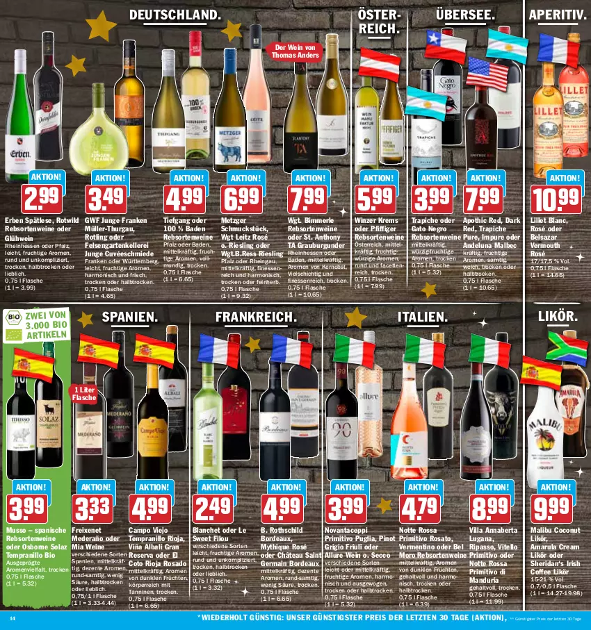 Aktueller Prospekt Hit - Prospekte - von 05.12 bis 10.12.2022 - strona 14 - produkty: amarula, Bad, Belsazar, bio, burgunder, campo viejo, coconut, cuvée, ecco, eis, elle, ente, finesse, flasche, freixenet, frucht, früchte, früchten, Garten, Germ, Glühwein, grauburgunder, leitz, likör, lillet, Malibu, merl, Müller, Müller-Thurgau, obst, olaz, osborne, passo, Pinot, pinot grigio, primitivo, rebsortenweine, reis, Ria, riesling, rioja, rosato, Schmuck, tempranillo, Ti, Vermouth, wein, weine, Wild, ZTE