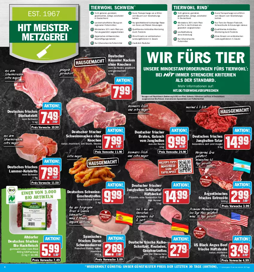 Aktueller Prospekt Hit - Prospekte - von 05.12 bis 10.12.2022 - strona 4 - produkty: auer, Bau, Bauer, beef, bio, braten, decke, Deckel, eis, entrecôte, fleisch, Geflügel, geschnetzeltes, gulasch, hackfleisch, hüftsteak, hüftsteaks, jungbullen, kalbsschnitzel, kasseler, kotelett, lack, mais, Meister, monitor, natur, pute, reis, Ria, rind, ring, roastbeef, rouladen, Schal, Schale, schnitzel, schwein, schweine, schweinenacken, schweinerücken, Spezi, Sport, steak, steaks, tafelspitz, Ti, Tiere, tisch, wein, weine, Zelt, ZTE