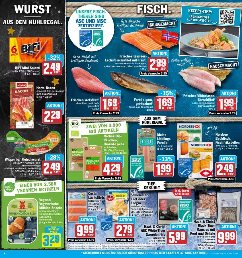 Aktueller Prospekt Hit - Prospekte - von 05.12 bis 10.12.2022 - strona 6 - produkty: aqua, auer, aus dem kühlregal, backfisch, bacon, bifi, bio, braten, chili, dell, dip, discount, eis, elle, filegro, filet, filets, fisch, fische, Fischer, fischtheke, fleisch, fleischwurst, forelle, frikadellen, frischfisch, garnelen, Geflügel, Hähnchenfleisch, herta, ideal zum braten, iglo, knoblauch, küche, kühlregal, lachs, lachsfilet, lachsfilets, lack, mac, mit knoblauch, natur, Nordsee, Rauch, regal, reis, rel, Ria, ring, risotto, rwe, saft, salami, sauce, Schal, Schale, Schere, schlemmerfilet, snack, snacks, Ti, tisch, Vegeta, wasser, Wels, wiesenhof, wurst, ZTE