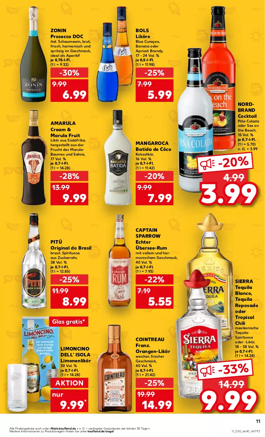 Aktueller Prospekt Kaufland - Prospekt - von 25.07 bis 31.07.2024 - strona 11 - produkty: amarula, angebot, angebote, aperitif, batida, batida de côco, Bau, brut, Cap, chili, cin, cocktail, cola, dell, ecco, eis, frucht, gin, kokos, likör, limo, limonen, mac, mangaroca, nordbrand, orange, orangen, prosecco, reis, rum, sahne, Sierra, sierra tequila, tequila, Ti, wein, zonin, ZTE, zucker