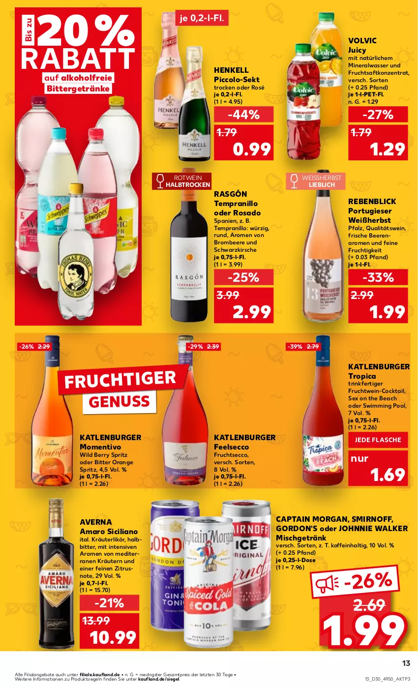 Aktueller Prospekt Kaufland - Prospekt - von 25.07 bis 31.07.2024 - strona 13 - produkty: alkohol, Alwa, amaro, angebot, angebote, averna, beere, beeren, brombeere, burger, Cap, captain morgan, cocktail, ecco, eis, flasche, frucht, fruchtsaft, fruchtsecco, getränk, getränke, gordon, gordon's, henkel, henkell, johnnie walker, katlenburger, kirsch, kirsche, kräuter, kräuterlikör, kräutern, likör, mineralwasser, nuss, orange, pool, qualitätswein, reis, rotwein, saft, sekt, smirnoff, tempranillo, Ti, volvic, wasser, wein, Wild, wild berry, ZTE