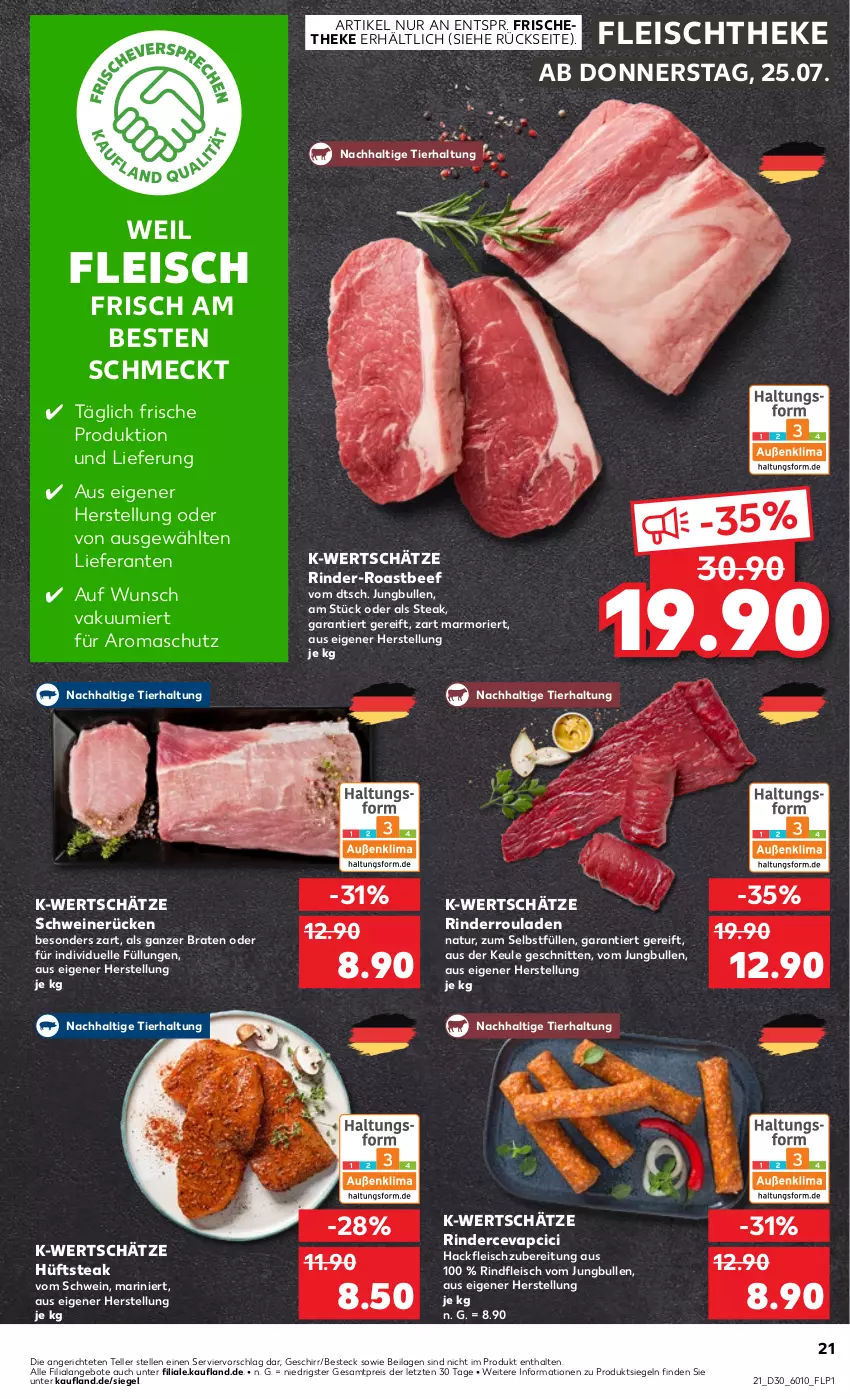 Aktueller Prospekt Kaufland - Prospekt - von 25.07 bis 31.07.2024 - strona 21 - produkty: angebot, angebote, beef, besteck, braten, cevapcici, eis, elle, fleisch, geschirr, hackfleisch, hüftsteak, ilag, jungbullen, natur, reis, rind, rinder, Rinderroulade, rinderrouladen, rindfleisch, roastbeef, rouladen, schnitten, schwein, schweine, schweinerücken, steak, teller, Ti, wein, weine, ZTE