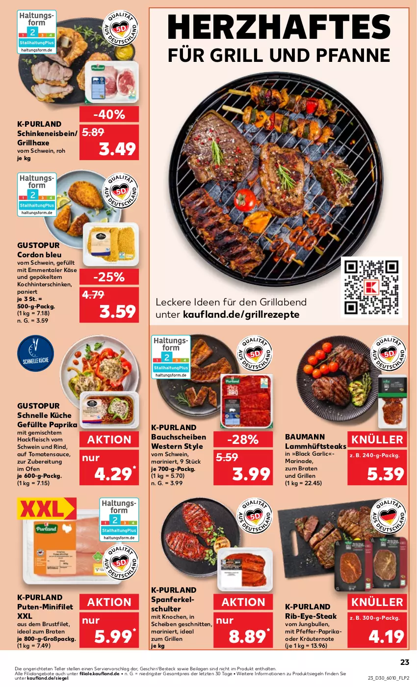 Aktueller Prospekt Kaufland - Prospekt - von 25.07 bis 31.07.2024 - strona 23 - produkty: angebot, angebote, axe, Bau, bauchscheiben, besteck, braten, brustfilet, cordon bleu, eis, elle, emmentaler, filet, fleisch, für grill und pfanne, geschirr, grill, grill und pfanne, grillhaxe, hackfleisch, Haxe, hinterschinken, hüftsteak, hüftsteaks, ideal zum braten, ideal zum grillen, ilag, jungbullen, Käse, kräuter, kräutern, küche, lack, lamm, marinade, oder kräuter, Ofen, paprika, pfanne, pfeffer, purland, pute, reis, rezept, rezepte, rind, sauce, schinken, schnitten, schwein, schwein und rind, steak, steaks, teller, Ti, tomate, tomaten, tomatensauce, und pfanne, vom schwein und rind, wein, Weste, ZTE