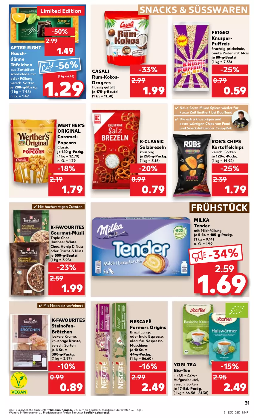 Aktueller Prospekt Kaufland - Prospekt - von 25.07 bis 31.07.2024 - strona 31 - produkty: after eight, angebot, angebote, beutel, bio, brezel, Brezeln, brötchen, caramel, Casali, chips, eis, espresso, frucht, gin, himbeer, honig, kartoffel, kartoffelchips, kokos, lungo, mais, meersalz, milch, milka, müsli, Nescafé, nespresso, nuss, Ofen, perlen, popcorn, reis, rum, salz, schoko, schokolade, snack, snacks, steinofen, süsswaren, tee, tender, Ti, werther's, Yo, Zartbitterschokolade, ZTE