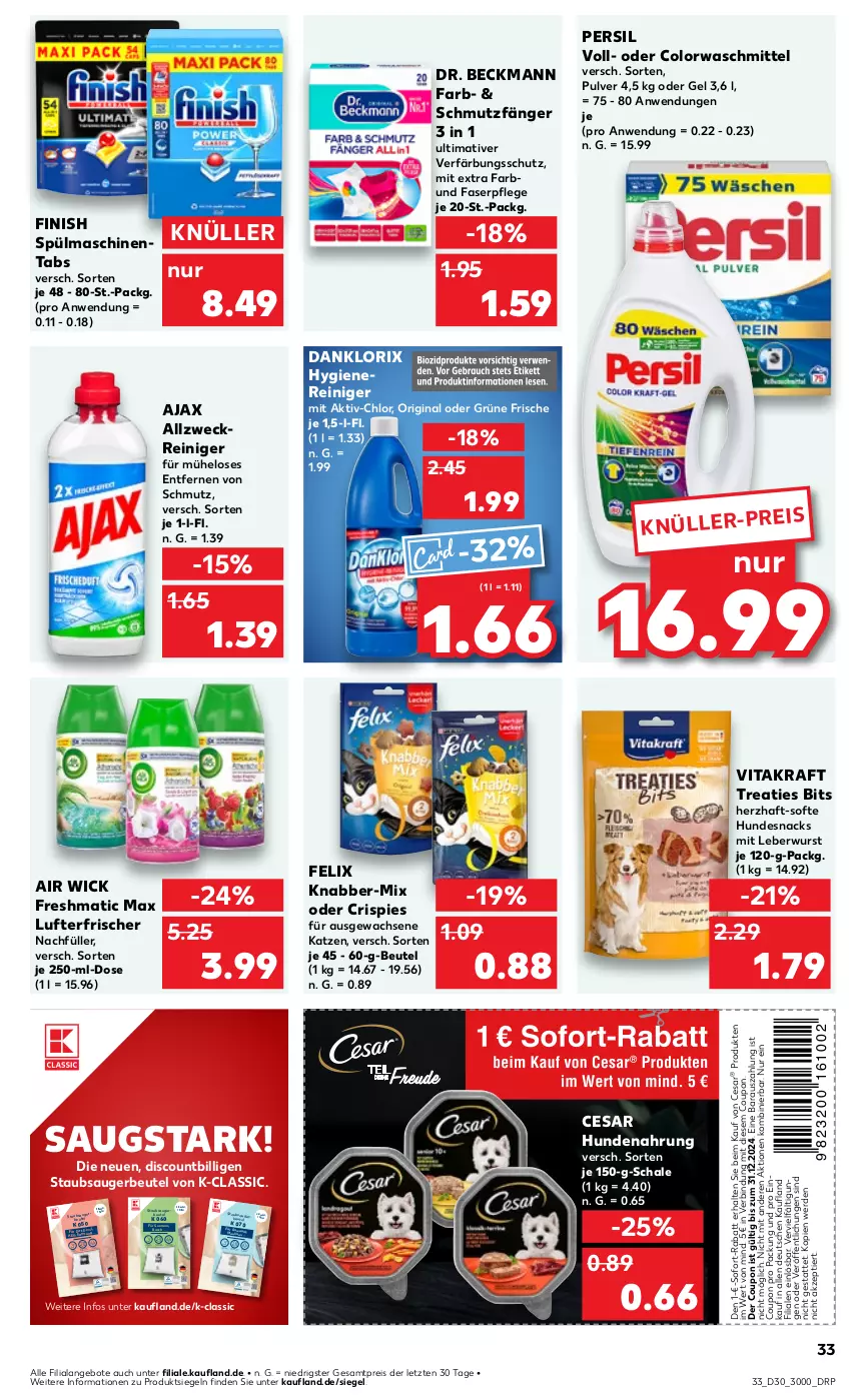 Aktueller Prospekt Kaufland - Prospekt - von 25.07 bis 31.07.2024 - strona 33 - produkty: ACC, aeg, Air Wick, ajax, allzweckreiniger, angebot, angebote, auer, Bau, beutel, body, bomann, bosch, colorwaschmittel, coupon, danklorix, discount, Dr. Beckmann, eis, Electrolux, elle, erde, fakir, fanta, felix, Finish, gin, grundig, hundenahrung, hundesnack, hundesnacks, koenic, kraft, leberwurst, Linex, lufterfrischer, medion, Moulinex, nuss, Ofen, persil, privileg, reiniger, reis, rinti, rowenta, Samsung, Schal, Schale, schott, siemens, snack, snacks, sofort-rabatt, Software, spee, sprite, spülmaschinen, spülmaschinentabs, staubsauger, staubsaugerbeutel, Tchibo, teller, Thea, Ti, tisch, tristar, verfärbungsschutz, vita, vitakraft, waschmittel, weck, WICK, wurst, Zanussi, ZTE