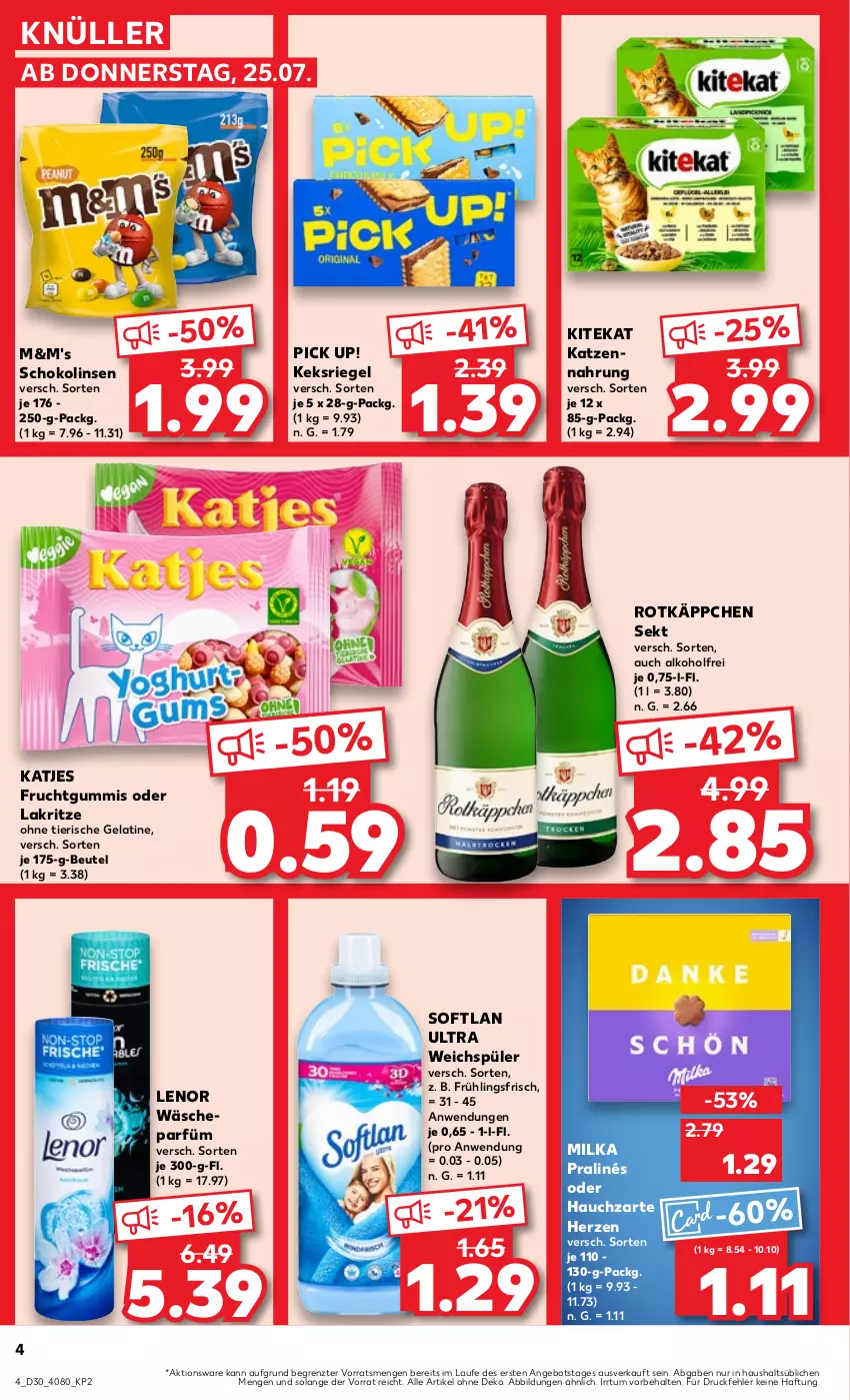 Aktueller Prospekt Kaufland - Prospekt - von 25.07 bis 31.07.2024 - strona 4 - produkty: alkohol, angebot, beutel, frucht, fruchtgummi, fruchtgummis, gelatine, katjes, katzennahrung, keks, kitekat, Lakritz, lenor, linsen, milka, oder lakritz, Pick Up!, riegel, rotkäppchen, schoko, Schokolinsen, sekt, Softlan, Ti, wäscheparfüm, weichspüler, ZTE