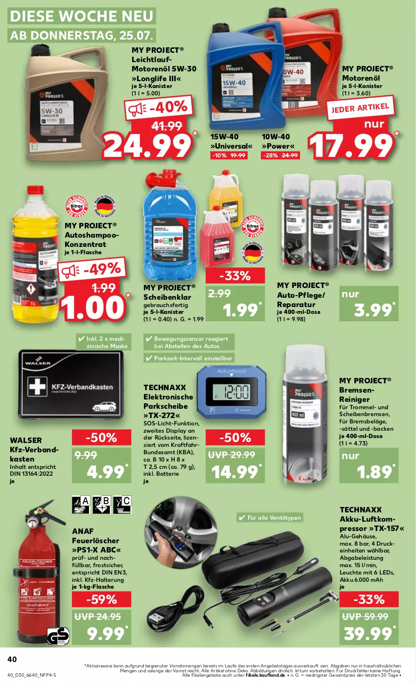 Aktueller Prospekt Kaufland - Prospekt - von 25.07 bis 31.07.2024 - strona 40 - produkty: akku, angebot, angebote, auto, batterie, Bewegungssensor, eis, Elektro, elle, flasche, gabel, kfz-verbandkasten, kompressor, kraft, leds, Leuchte, longlife, Maske, motorenöl, ndk, Rauch, reiniger, reis, shampoo, technaxx, Ti, trommel, Verbandkasten, walser, ZTE