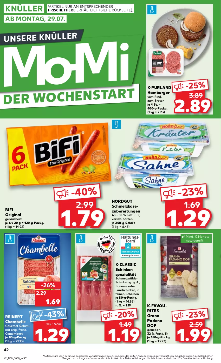 Aktueller Prospekt Kaufland - Prospekt - von 25.07 bis 31.07.2024 - strona 42 - produkty: angebot, auer, Bau, Bauer, bifi, braten, burger, camembert, elle, gin, grana, grana padano, hamburger, Käse, landschinken, natur, padano, purland, Rana, reinert, rind, salami, Schal, Schale, schinken, Schmelzkäse, schmelzkäsezubereitung, schwarzwälder schinken, Spezi, Ti, ZTE