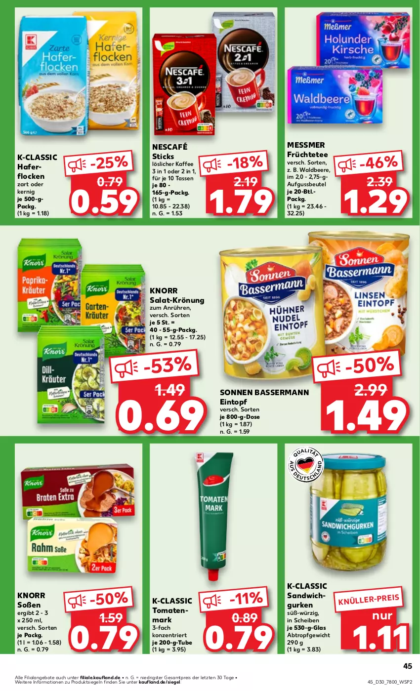 Aktueller Prospekt Kaufland - Prospekt - von 25.07 bis 31.07.2024 - strona 45 - produkty: angebot, angebote, beere, beutel, eintopf, eis, früchte, Früchtetee, gurke, gurken, hafer, haferflocken, kaffee, knorr, löslicher kaffee, Nescafé, reis, salat, sandwich, Soße, tasse, tee, Ti, tomate, tomaten, tomatenmark, topf, ZTE