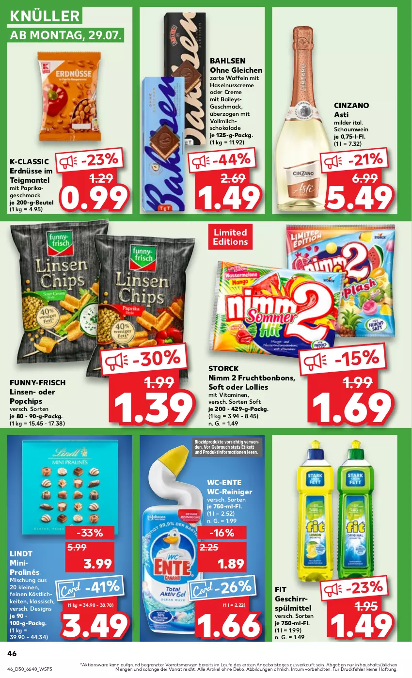 Aktueller Prospekt Kaufland - Prospekt - von 25.07 bis 31.07.2024 - strona 46 - produkty: angebot, asti, bahlsen, baileys, beutel, bonbons, chips, cin, cinzano, Cinzano Asti, creme, ente, erdnüsse, frucht, funny-frisch, geschirr, geschirrspülmittel, haselnuss, Haselnusscreme, leine, lindt, linsen, mac, Mantel, milch, mit paprika, Nimm 2, nuss, paprika, reiniger, schoko, schokolade, spülmittel, storck, Ti, vita, Vitamine, vollmilch, waffeln, wc-reiniger, wein, ZTE