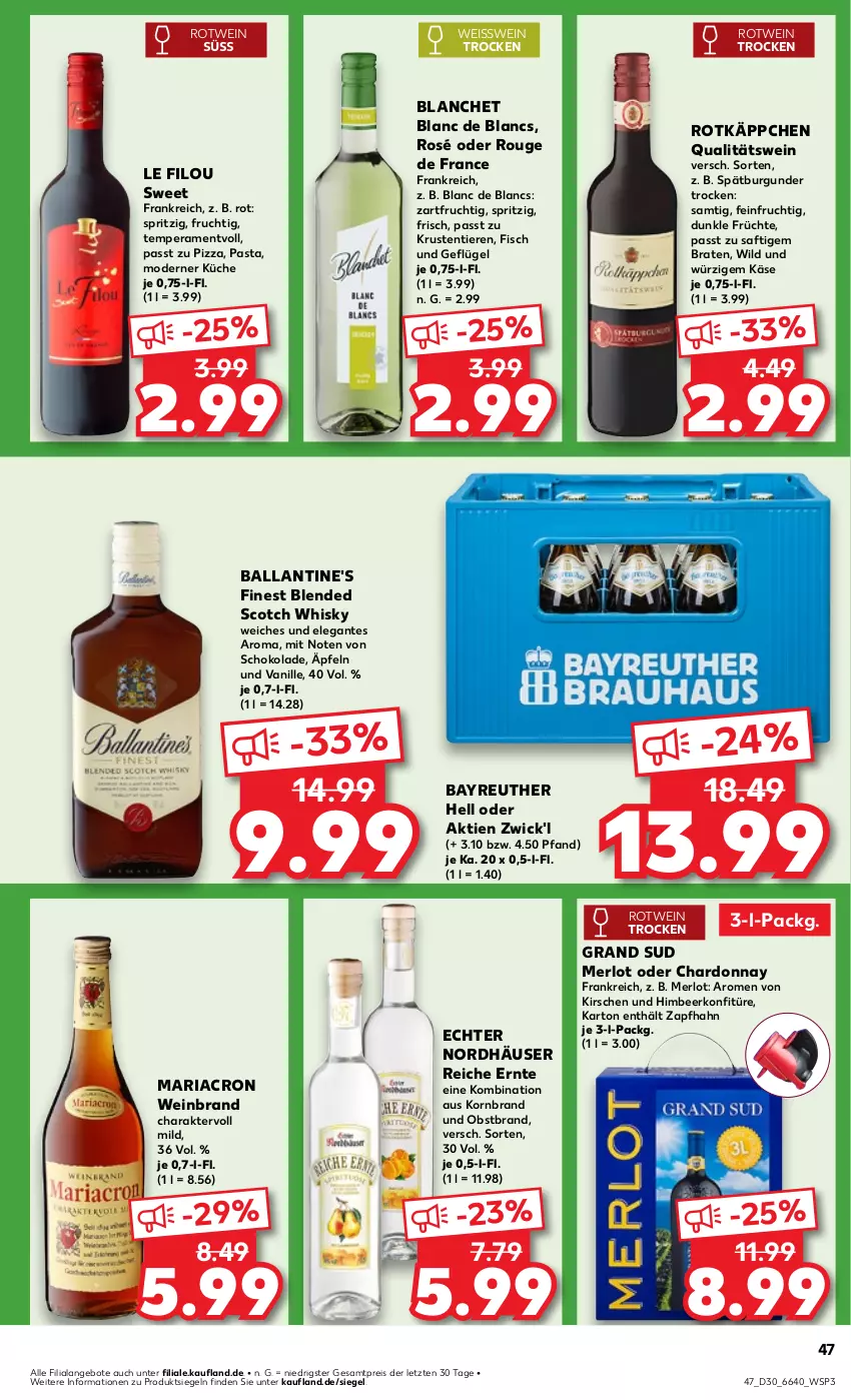 Aktueller Prospekt Kaufland - Prospekt - von 25.07 bis 31.07.2024 - strona 47 - produkty: angebot, angebote, ball, Ballantine's, blended scotch, blended scotch whisky, braten, burgunder, chardonnay, de blancs, eis, fisch, frucht, früchte, Geflügel, grand sud, himbeer, Käse, kirsch, kirsche, kirschen, konfitüre, korn, küche, mariacron, merl, merlot, Mode, obst, Obstbrand, pasta, pizza, qualitätswein, reis, Ria, rotkäppchen, rotwein, rouge, saft, schoko, schokolade, scotch, scotch whisky, spätburgunder, Ti, Tiere, vanille, wein, weinbrand, whisky, WICK, Wild, ZTE