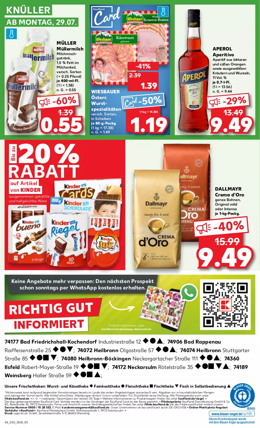 Aktueller Prospekt Kaufland - Prospekt - von 25.07 bis 31.07.2024 - strona 48 - produkty: angebot, angebote, aperitif, aperol, Astra, auer, Bad, Bau, Bauer, bio, bohne, bohnen, d'oro, dallmayr, drucker, eis, Engel, erde, feinkost, feinkosttheke, fisch, fischtheke, fleisch, getränk, gin, Käse, käsetheke, kerze, Kinder, kräuter, kräutern, LG, milch, Müller, müllermilch, orange, orangen, reis, Spezi, Ti, wein, wiesbauer, wurst, ZTE