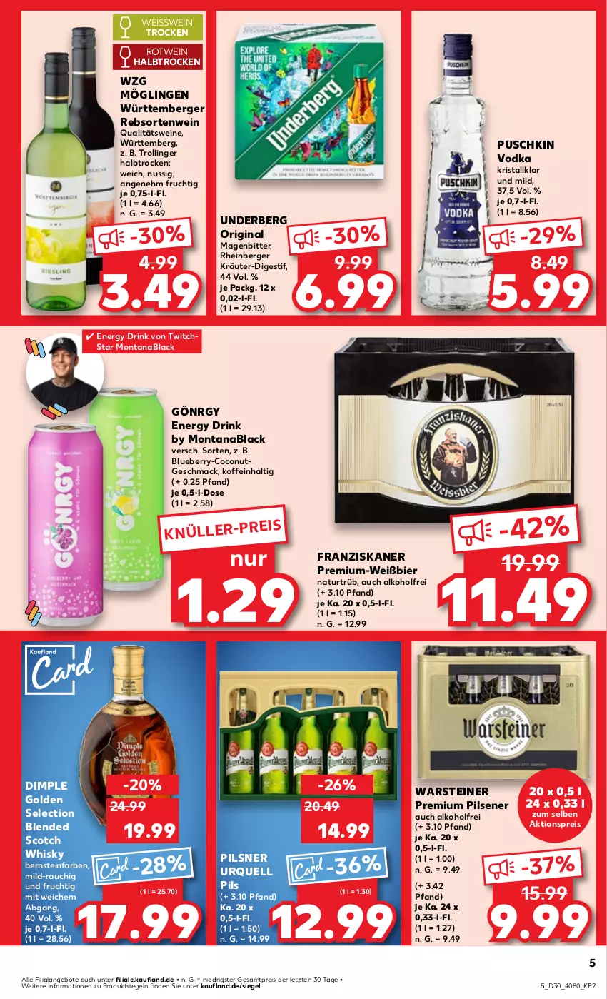 Aktueller Prospekt Kaufland - Prospekt - von 25.07 bis 31.07.2024 - strona 5 - produkty: aktionspreis, alkohol, angebot, angebote, Berger, bier, blended scotch, blended scotch whisky, blueberry, coconut, drink, eis, energy drink, franziskaner, frucht, gin, kräuter, lack, mac, montana, natur, nuss, pils, pilsener, pilsner, pilsner urquell, premium pils, puschkin vodka, qualitätswein, qualitätsweine, Rauch, reis, rotwein, scotch, scotch whisky, steiner, Ti, trolli, trollinger, underberg, vodka, warsteiner, wein, weine, whisky, ZTE