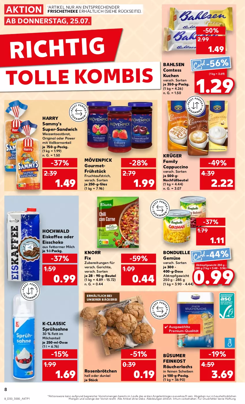 Aktueller Prospekt Kaufland - Prospekt - von 25.07 bis 31.07.2024 - strona 8 - produkty: angebot, aufstrich, bahlsen, beutel, bonduelle, brot, brötchen, Cap, cappuccino, cin, comtess, comtess kuchen, eis, eiskaffee, elle, feinkost, frucht, fruchtaufstrich, gin, hochwald, kaffee, knorr, knorr fix, korn, krüger, kuchen, lachs, milch, mövenpick, Räucherlachs, rosen, sahne, sandwich, schoko, Ti, toast, Toastbrot, ZTE