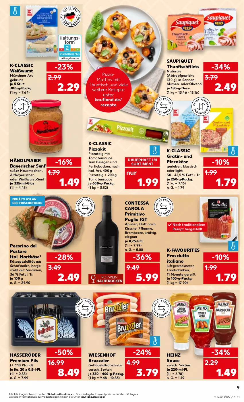 Aktueller Prospekt Kaufland - Prospekt - von 25.07 bis 31.07.2024 - strona 9 - produkty: angebot, angebote, auer, beere, blume, blumen, brombeere, bruzzzler, eis, elle, filet, filets, fisch, Geflügel, händlmaier, hartkäse, hasseröder, Hausmacher, heinz, Käse, kirsch, kirsche, landschinken, mac, milch, Muffin, muffins, natur, natura, olive, oliven, olivenöl, Pecorino, pflaume, pils, pizza, Pizzateig, premium pils, primitivo, prosciutto, reis, rezept, rezepte, rotwein, sauce, saupiquet, schinken, senf, sonnenblume, sonnenblumen, Spezi, thunfisch, Ti, tomate, tomaten, tomatensauce, wein, Weißwurst, wiesenhof, wurst, ZTE