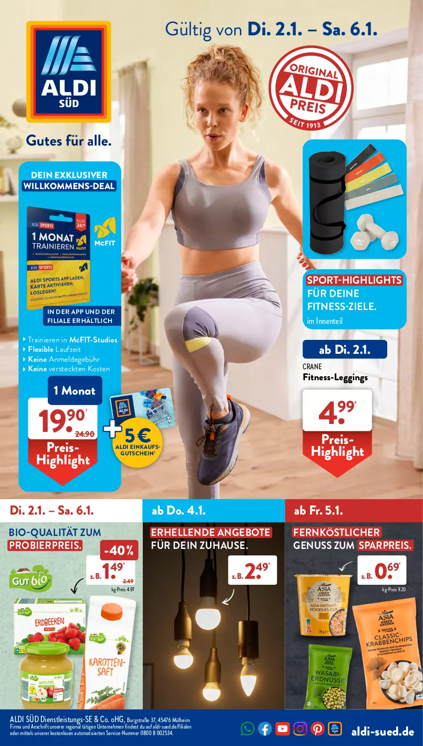 Aktueller Prospekt AldiSud - NÄCHSTE WOCHE - von 02.01 bis 06.01.2023 - strona 1 - produkty: aldi, angebot, angebote, auto, bier, bio, eis, elle, ente, gin, gutschein, leggings, nuss, reis, Sport, Ti