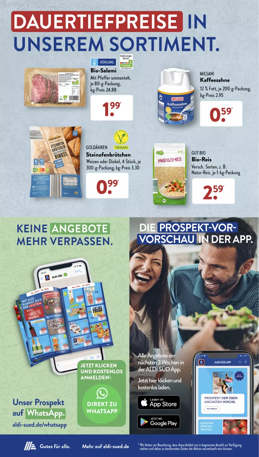 Aktueller Prospekt AldiSud - NÄCHSTE WOCHE - von 02.01 bis 06.01.2023 - strona 3 - produkty: aldi, auer, bio, Bio-Salami, brötchen, dauertiefpreis, eis, google play, kaffee, Mantel, natur, natur-reis, Ofen, pfeffer, reis, sahne, salami, steinofen, Ti, tiefpreis, ZTE