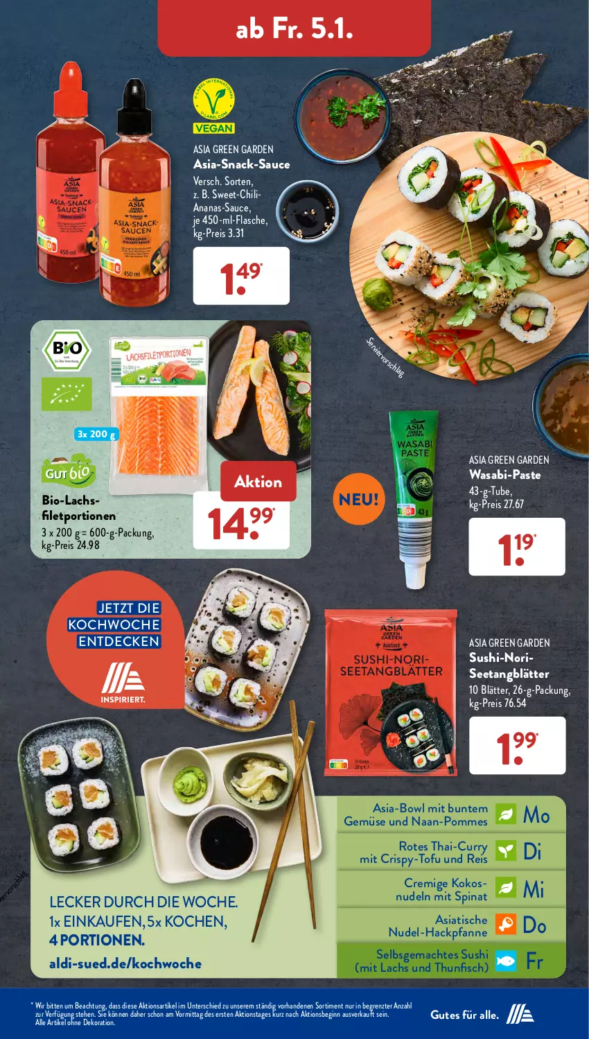 Aktueller Prospekt AldiSud - NÄCHSTE WOCHE - von 02.01 bis 06.01.2023 - strona 34 - produkty: aldi, alle artikel ohne dekoration, ananas, Asia Green Garden, bio, chili, curry, decke, dekoration, eis, filet, fisch, flasche, gin, kokos, lachs, lachsfilet, mac, nudel, nudeln, pfanne, pommes, reis, sauce, snack, spinat, Sushi, thunfisch, Ti, tisch, Tofu, wasa, ZTE