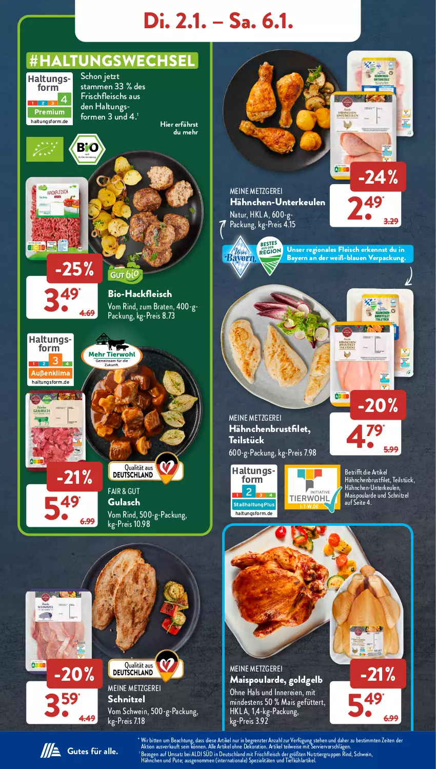 Aktueller Prospekt AldiSud - NÄCHSTE WOCHE - von 02.01 bis 06.01.2023 - strona 6 - produkty: aldi, alle artikel ohne dekoration, bio, Bio-Hackfleisch, braten, brustfilet, dekoration, eis, filet, fleisch, gsw, gulasch, hackfleisch, Hähnchen-Unterkeulen, hähnchenbrust, hähnchenbrustfilet, mais, natur, pute, reis, rind, schnitzel, schwein, Spezi, Ti, wein, ZTE