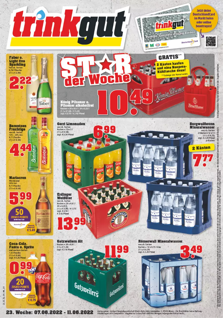 Aktueller Prospekt Trinkgut - von 06.06 bis 11.06.2022 - strona 1 - produkty: Alwa, angebot, angebotspreis, arla, berentzen, bier, burgwallbronn, cola, deka, deutschland card, deutschlandcard, eier, eis, erde, erdinger, fanta, flasche, frucht, kühltasche, LG, limo, limonade, limonaden, mineralwasser, reis, sprite, Tasche, tee, Ti, uhr, wasser, wein, weinbrand