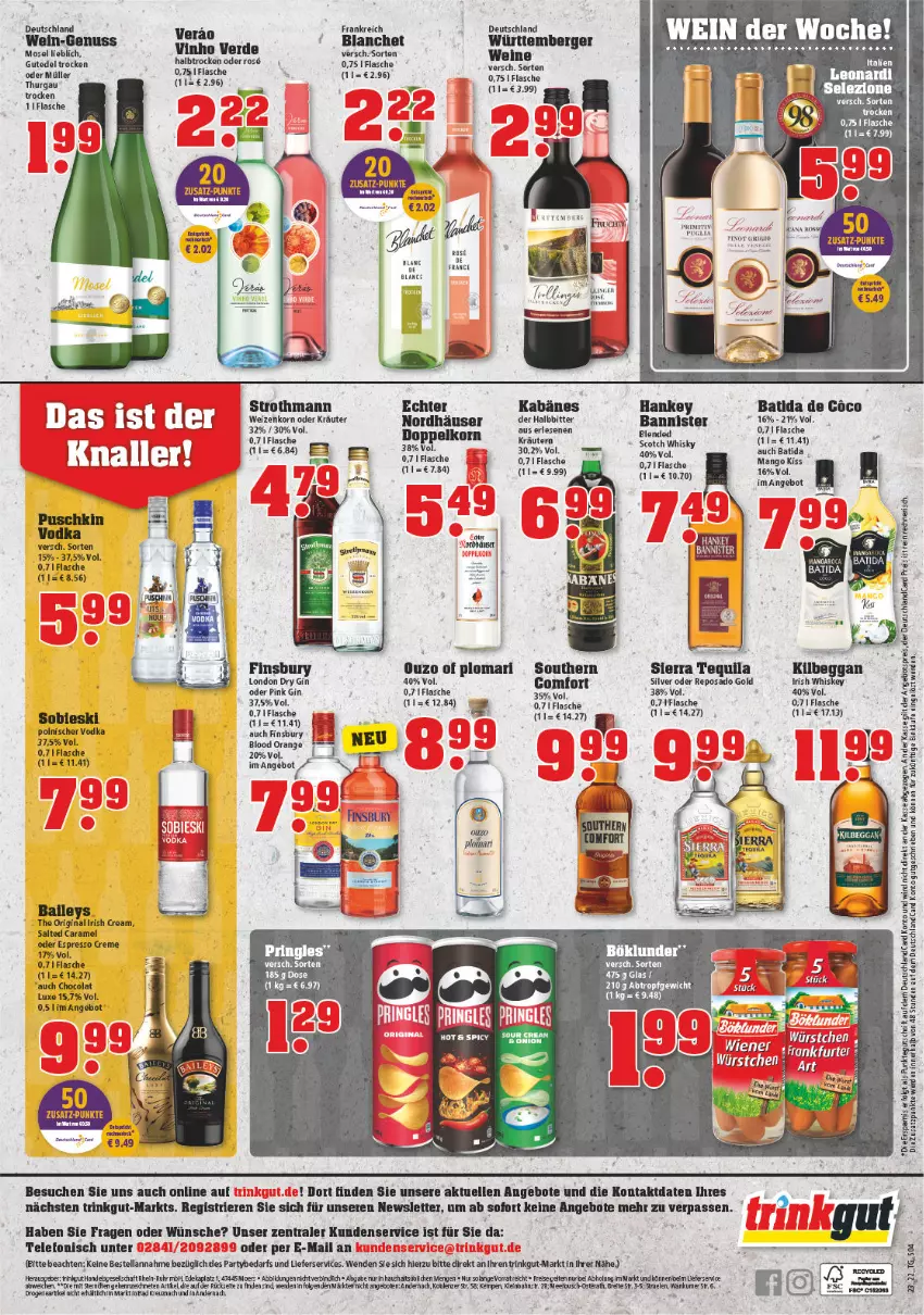 Aktueller Prospekt Trinkgut - von 06.06 bis 11.06.2022 - strona 4 - produkty: angebot, angebote, baileys, batida, Berger, caramel, cola, creme, doppelkorn, dry gin, elle, erde, espresso, finsbury, flasche, gin, irish whiskey, korn, kräuter, kräutern, lieferservice, london dry, london dry gin, mango, Müller, nuss, oder espresso, oder kräuter, ouzo, Pinot, pinot grigio, pringles, ring, scotch, scotch whisky, Sierra, sierra tequila, telefon, tequila, Ti, uhr, vodka, wein, weine, weizenkorn, whiskey, whisky