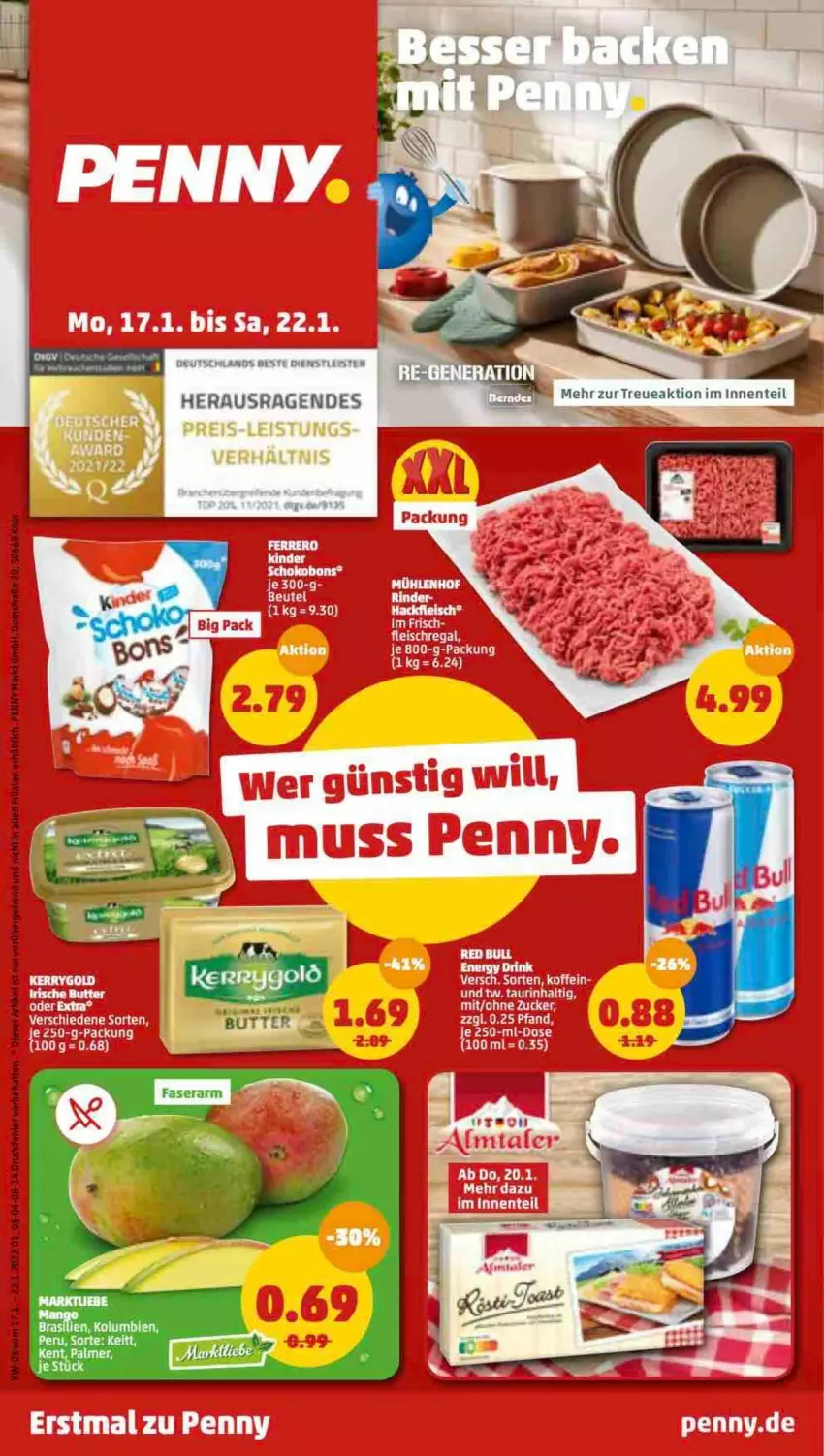 Aktueller Prospekt Penny - Prospekte - von 17.01 bis 22.01.2022 - strona 1 - produkty: butter, eis, fleisch, red bull, regal, Ti