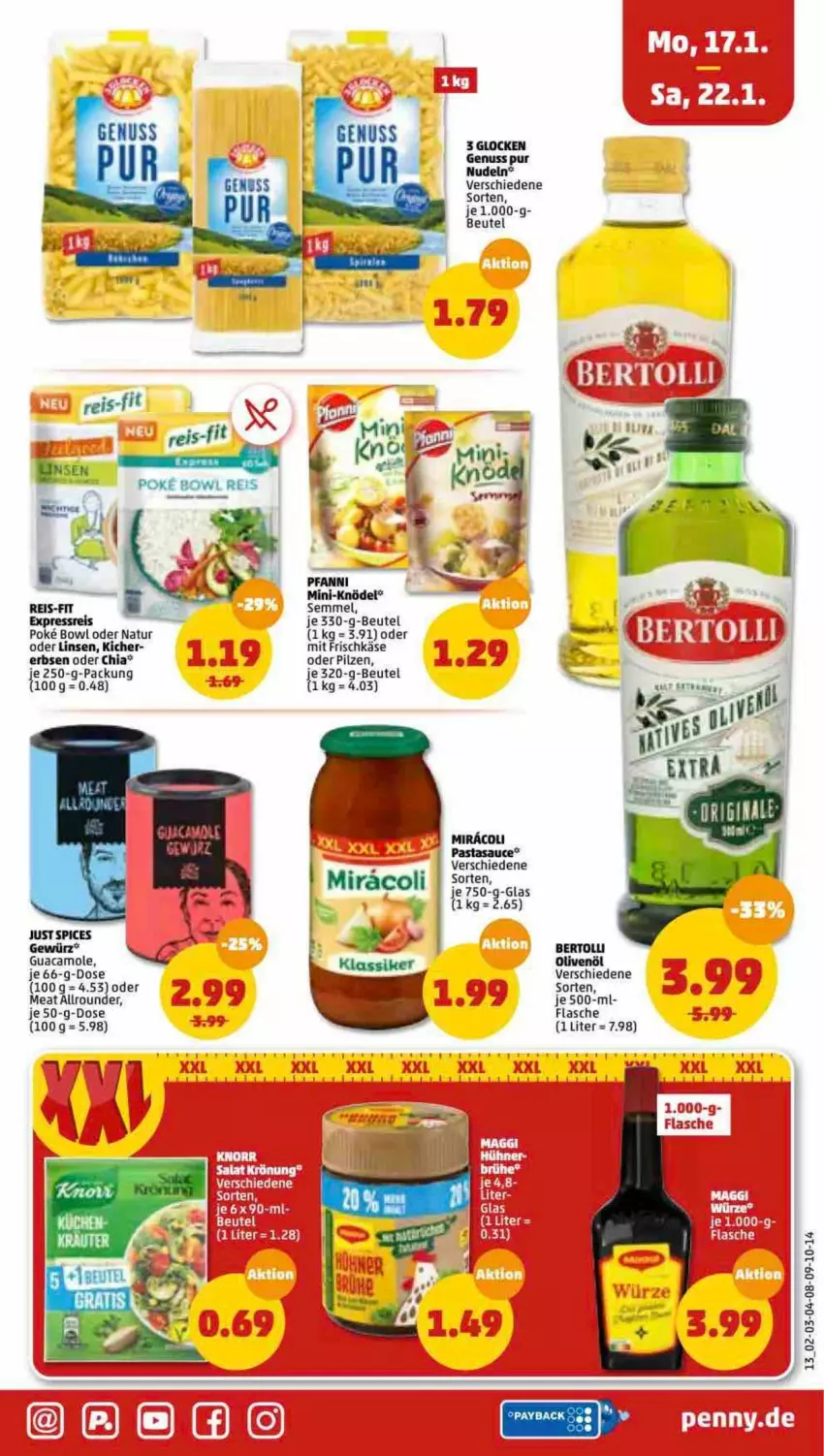 Aktueller Prospekt Penny - Prospekte - von 17.01 bis 22.01.2022 - strona 13 - produkty: bertolli, beutel, chia, erbsen, flasche, frischkäse, gewürz, guacamole, je 250-g-packung, Käse, Kraut, linsen, natur, nudel, nudeln, nuss, olive, oliven, olivenöl, pasta, pilze, sauce, Semmel