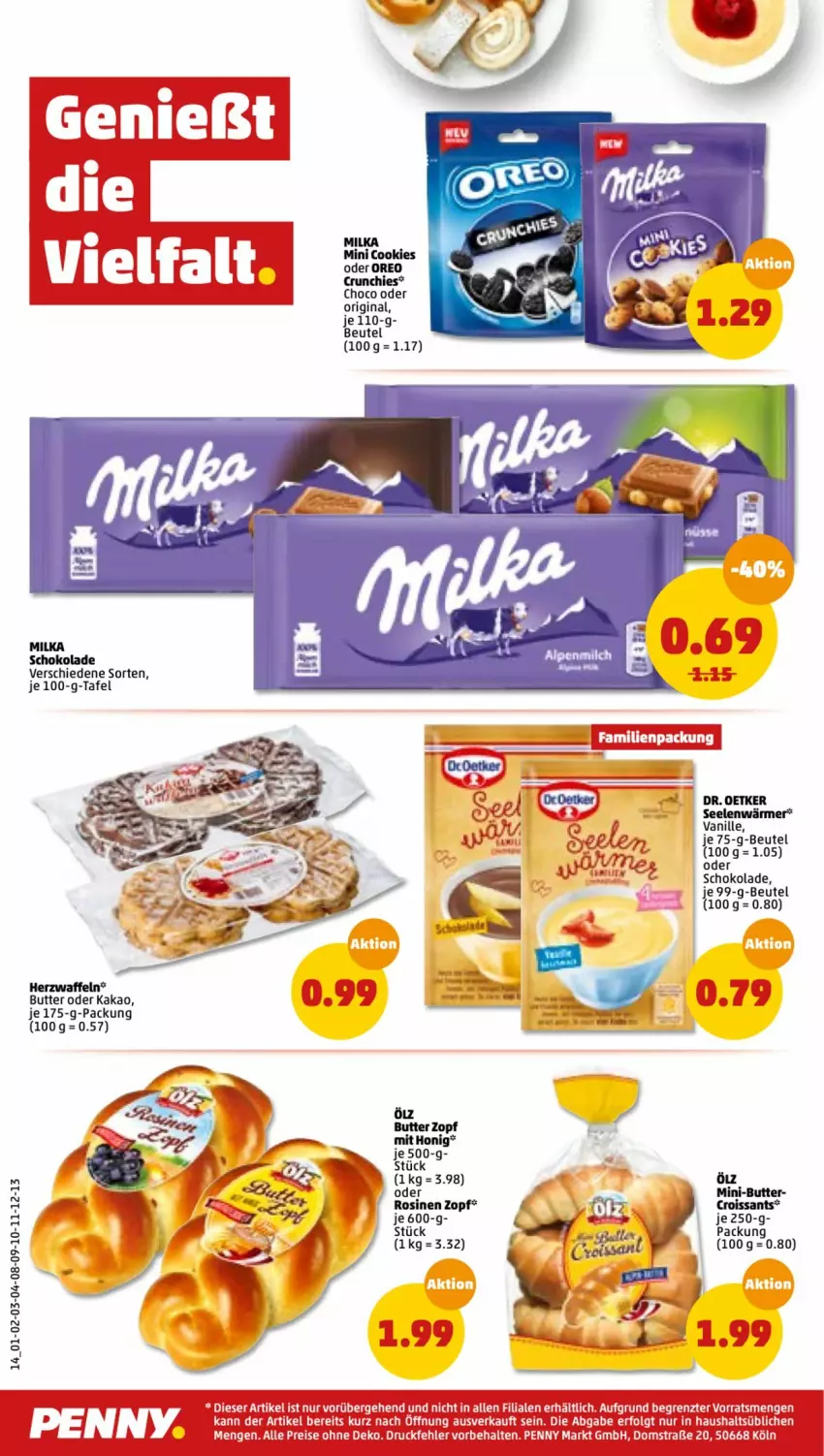 Aktueller Prospekt Penny - Prospekte - von 17.01 bis 22.01.2022 - strona 14 - produkty: beutel, butter, cookie, cookies, Croissant, croissants, gin, honig, kakao, milka, milka schokolade, oreo, schoko, schokolade, Ti, vanille, waffeln, ZTE