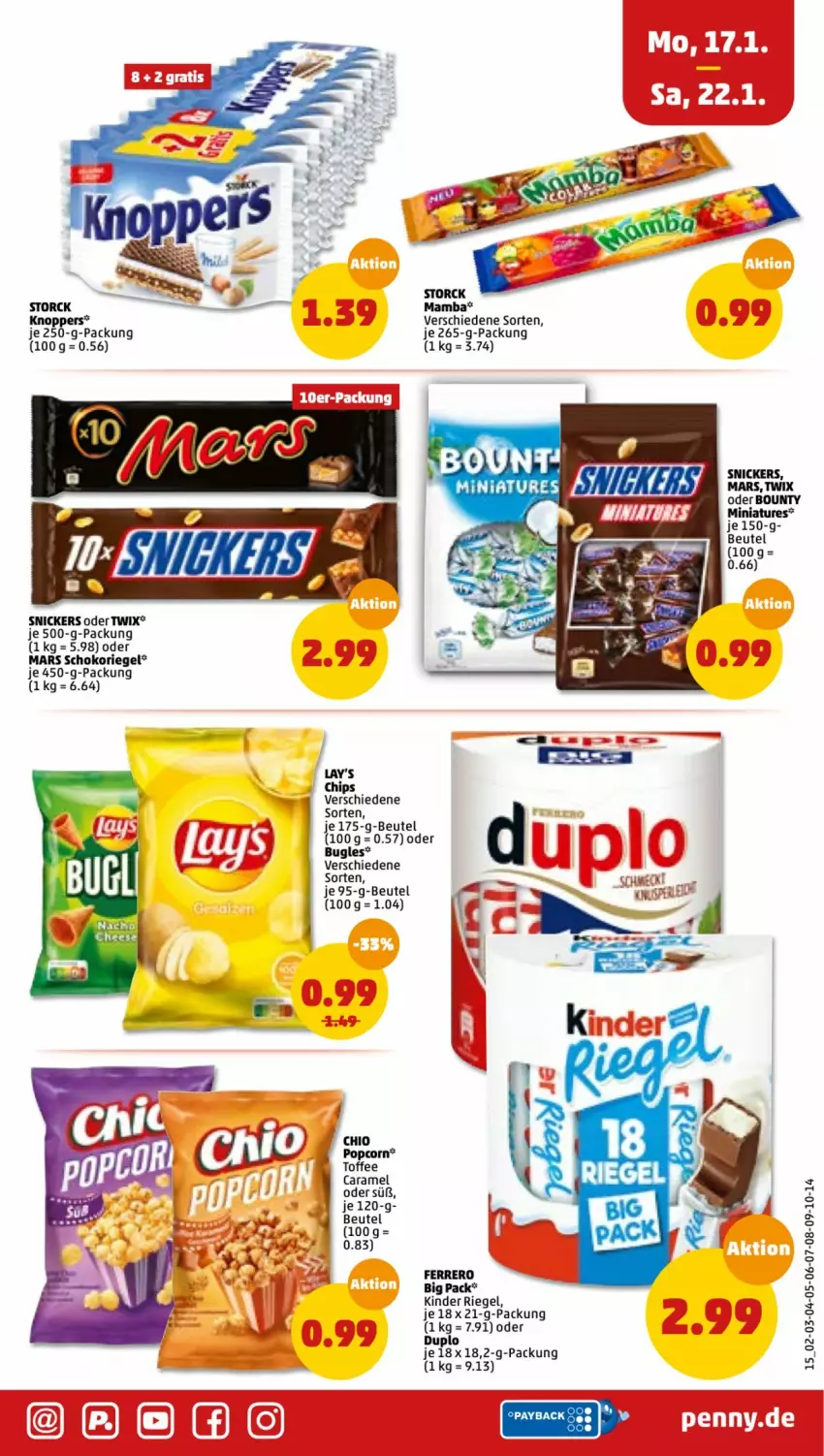 Aktueller Prospekt Penny - Prospekte - von 17.01 bis 22.01.2022 - strona 15 - produkty: beutel, bounty, bugles, caramel, duplo, ferrero, je 250-g-packung, Kinder, kinder riegel, knoppers, mam, mars, oder twix, payback, popcorn, riegel, schoko, schokoriegel, snickers, storck, twix