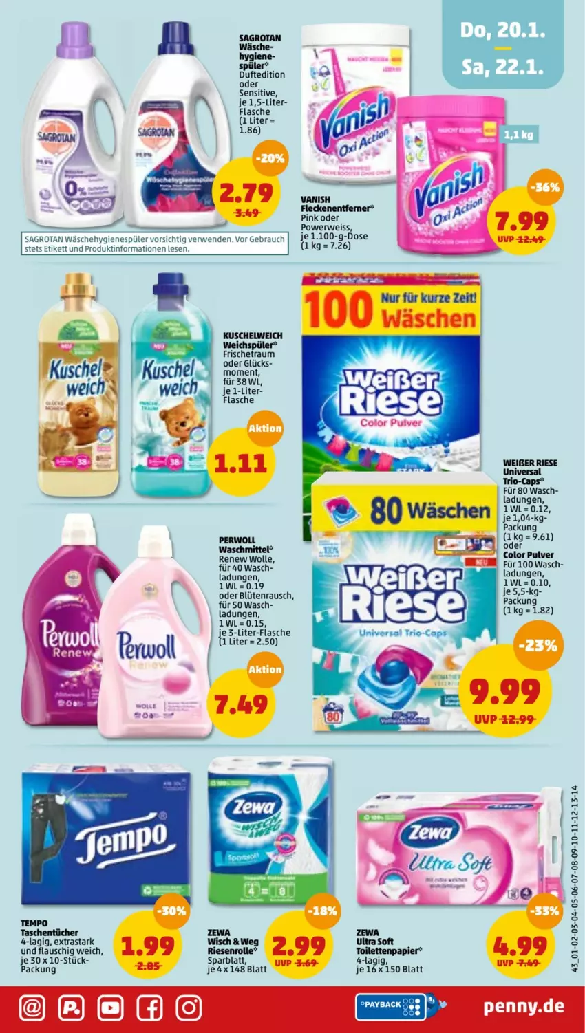 Aktueller Prospekt Penny - Prospekte - von 17.01 bis 22.01.2022 - strona 43 - produkty: Blüte, Cap, eis, flasche, Fleckenentferner, hygienespüler, Kuschelweich, papier, perwoll, Rauch, rwe, sagrotan, Tasche, taschen, taschentücher, Tempo, Ti, toilettenpapier, tücher, vanish, waschmittel, weichspüler, wolle, zewa