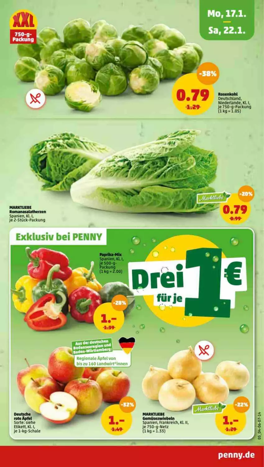 Aktueller Prospekt Penny - Prospekte - von 17.01 bis 22.01.2022 - strona 5 - produkty: Gemüsezwiebel, Romanasalat, salat, salatherzen, Schal, Schale, Ti, zwiebel, zwiebeln